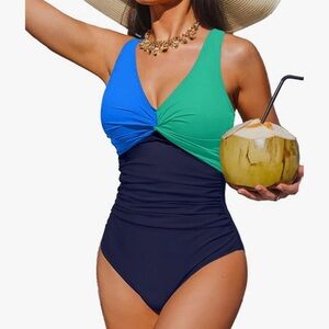 Elegant Blue and Green One-Piece Swimsuit